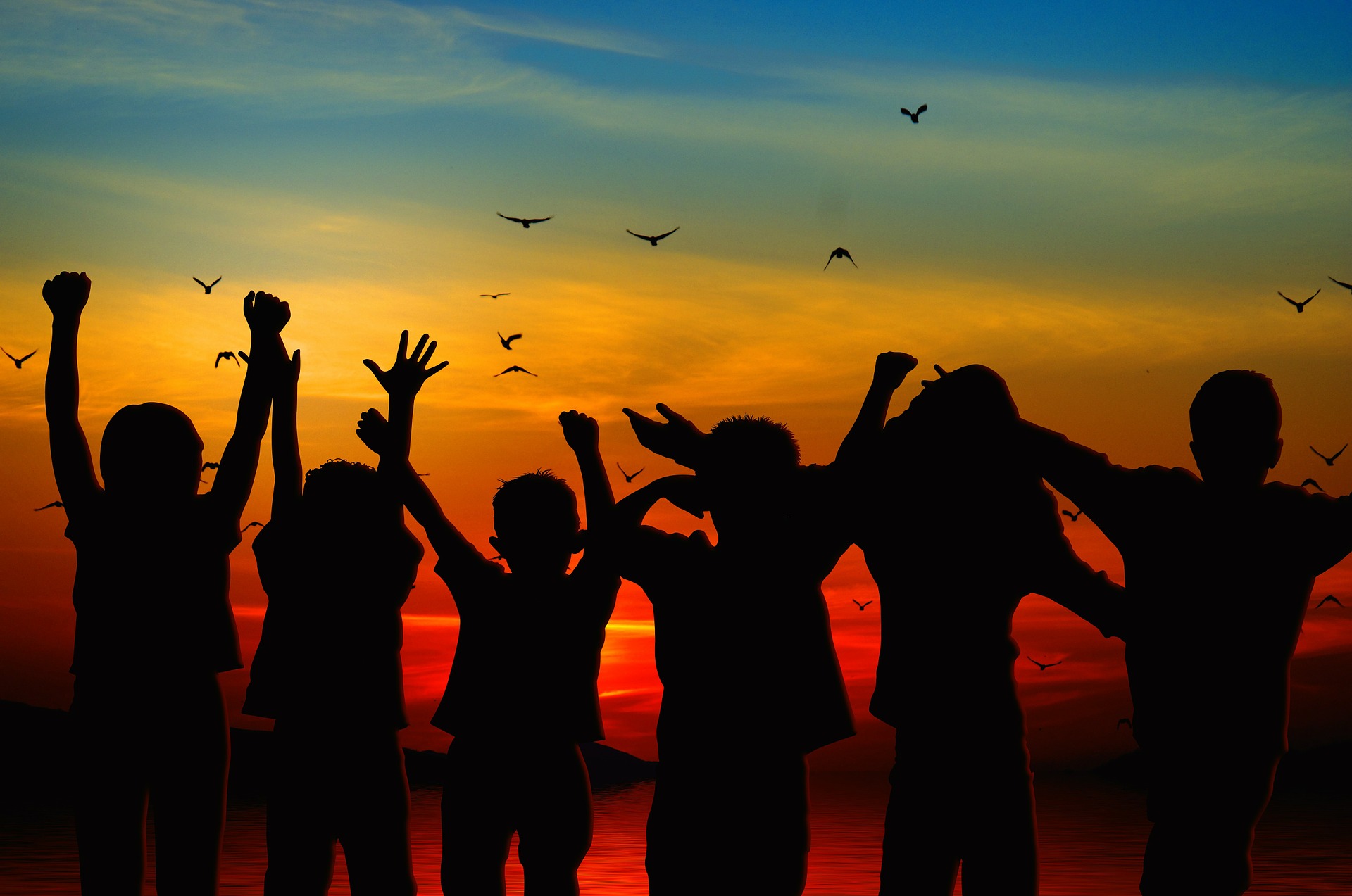 Silhouettes of children with arms raised against a vibrant sunset sky with birds flying.